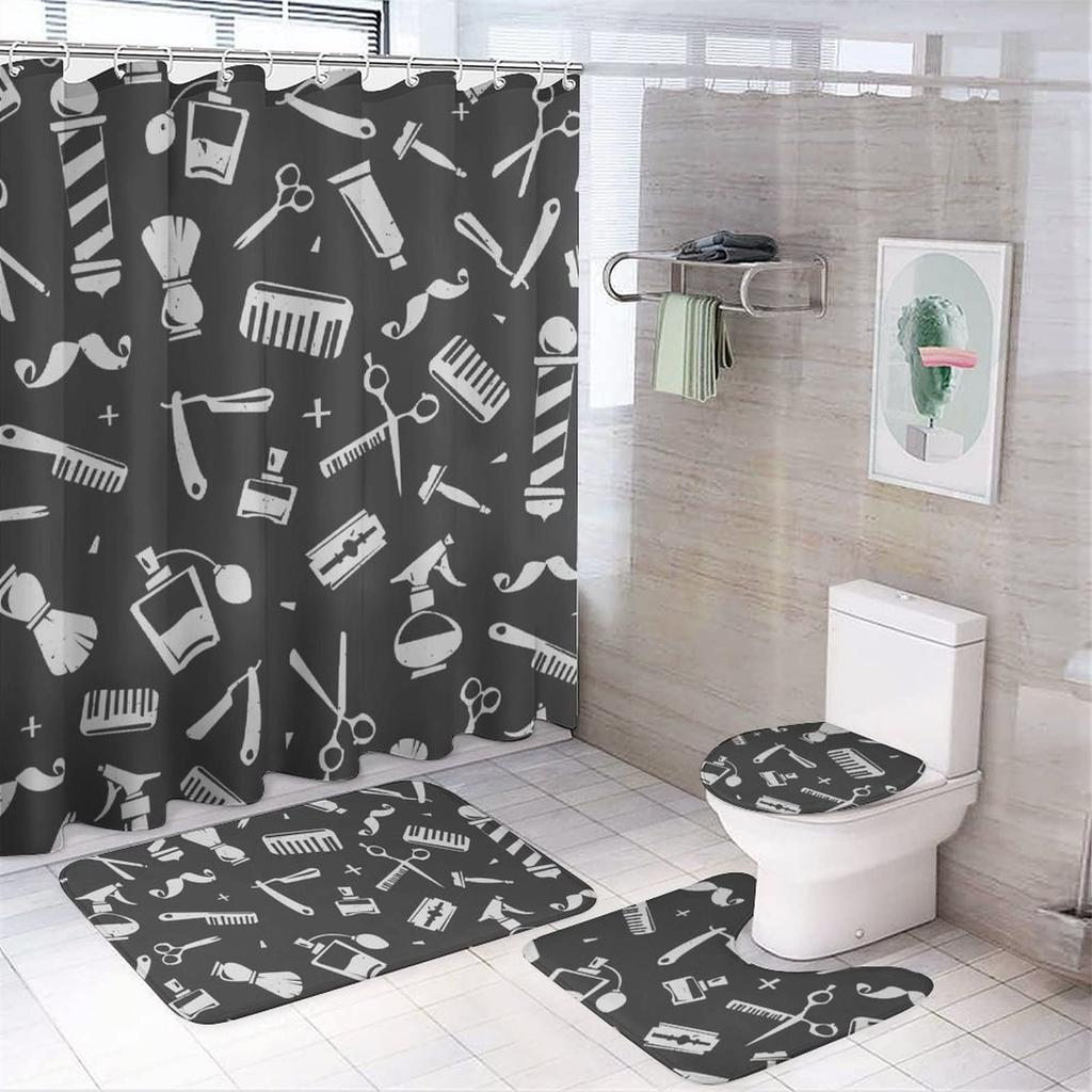 Vintage Barber Shop Shower Curtain Set For Bathroom Barber Shop Decor Toilet Bathtub Accessories Bath Curtains Mats Rugs Carpets