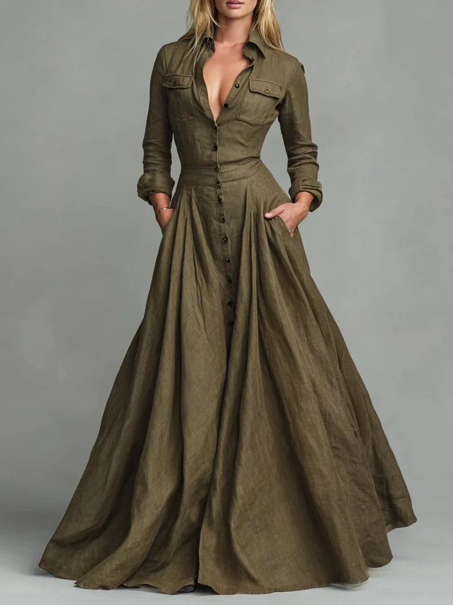 

Women s Ins Style Solid Buttoned Shirt Collar Long Sleeve Maxi Dress XS армия зеленый
