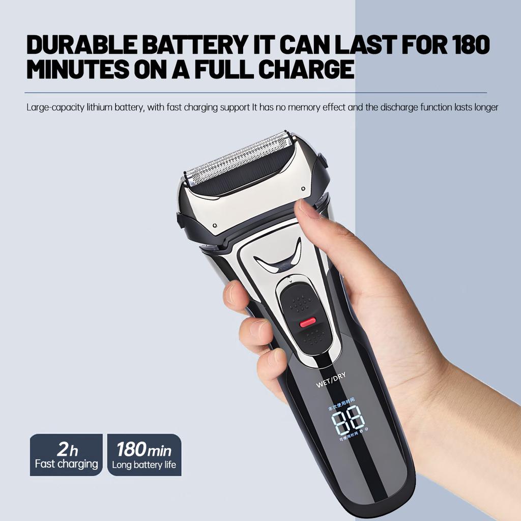 New Digital Display Rechargeable Electric Shaver for Men, USB Charging, Built-in Trimmer, Wet Dry Use, Washable Foil Shaver