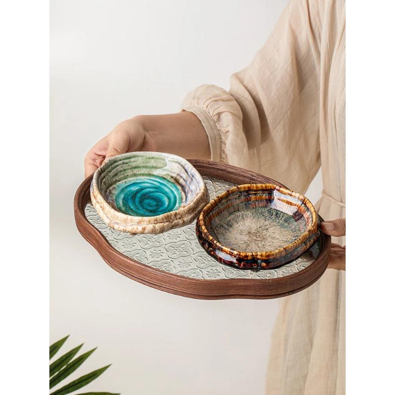 Ceramic Sushi Dish Restaurant Ice Cracked Glaze Molecular Cuisine Tableware Dessert Snack Plate Dipping Sauce Fruit Platter