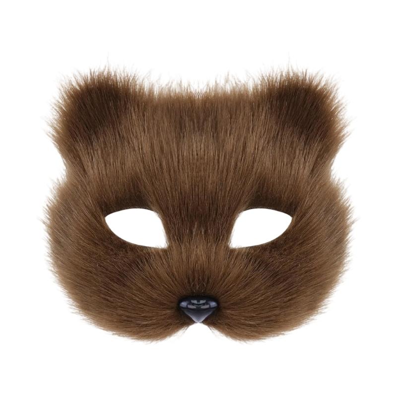 

Plush Animal Cats Mask Furry Animal Half Face Masquerade Half Face Mask For Men Women Masquerade Halloween Cosplay Party кавовий