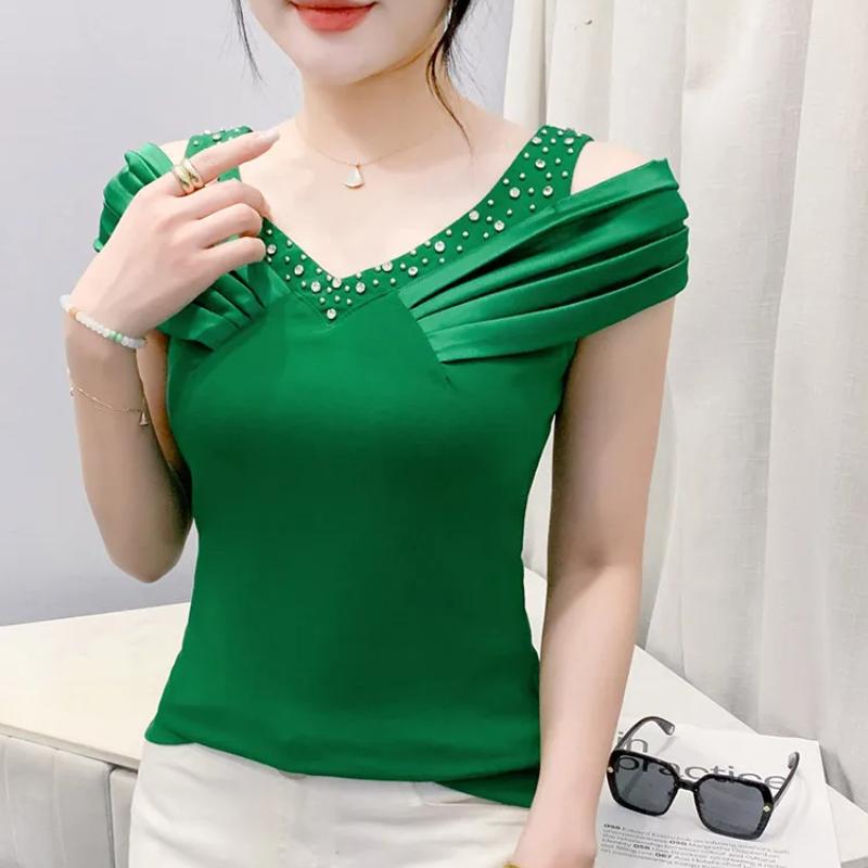 Classic Summer Women's Sexy V-Neck Hot Diamonds T-shirt Elegant Off Shoulder Ladies Tops Shirts Short Sleeved Cotton Tees