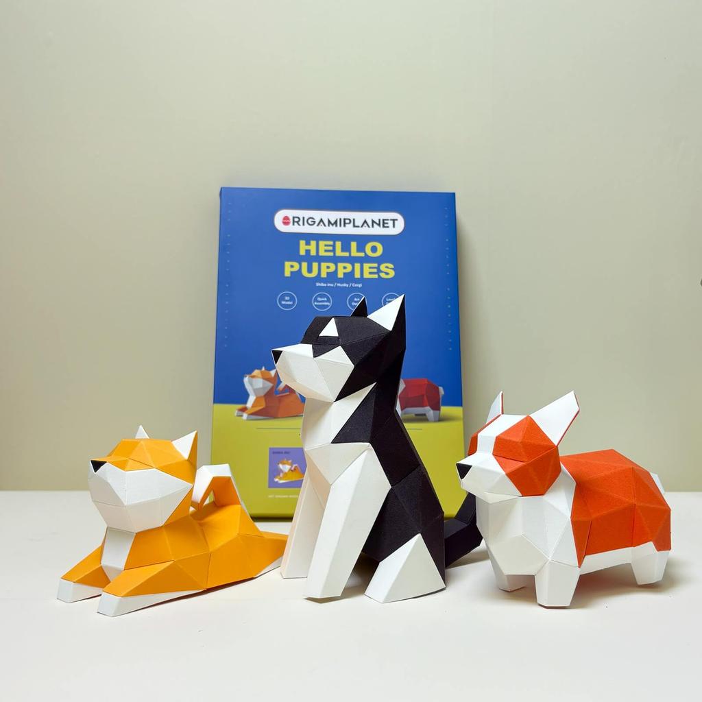 ORIGAMIPLANET Hello Puppies 3D Origami Paper Craft Gift Set 3 Inu 3D Origami Cute Animal Dog Paper Sculptures for Teens Birthday Home Decor DIY Art