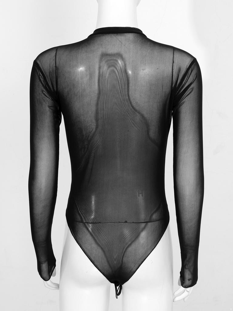 Body Manches Longues Femme Design Transparent Col Rond Maillot de Corps Haut Décolleté Vêtements de Nuit Lingerie