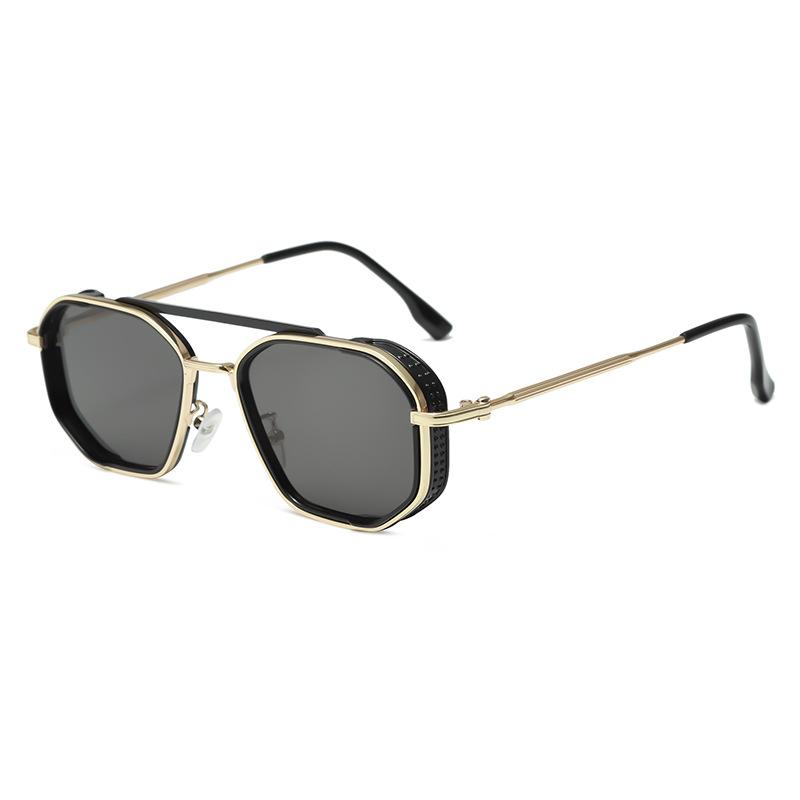 Double beam metal punk sunglasses men's, women's retro ins style European and American ink polygon personalized glasses