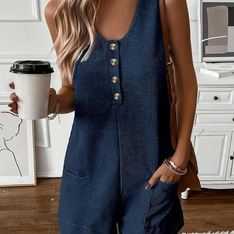 Button-down Front with Pocket Jumpsuit, Summer Casual Solid-color Sleeveless Jumpsuit