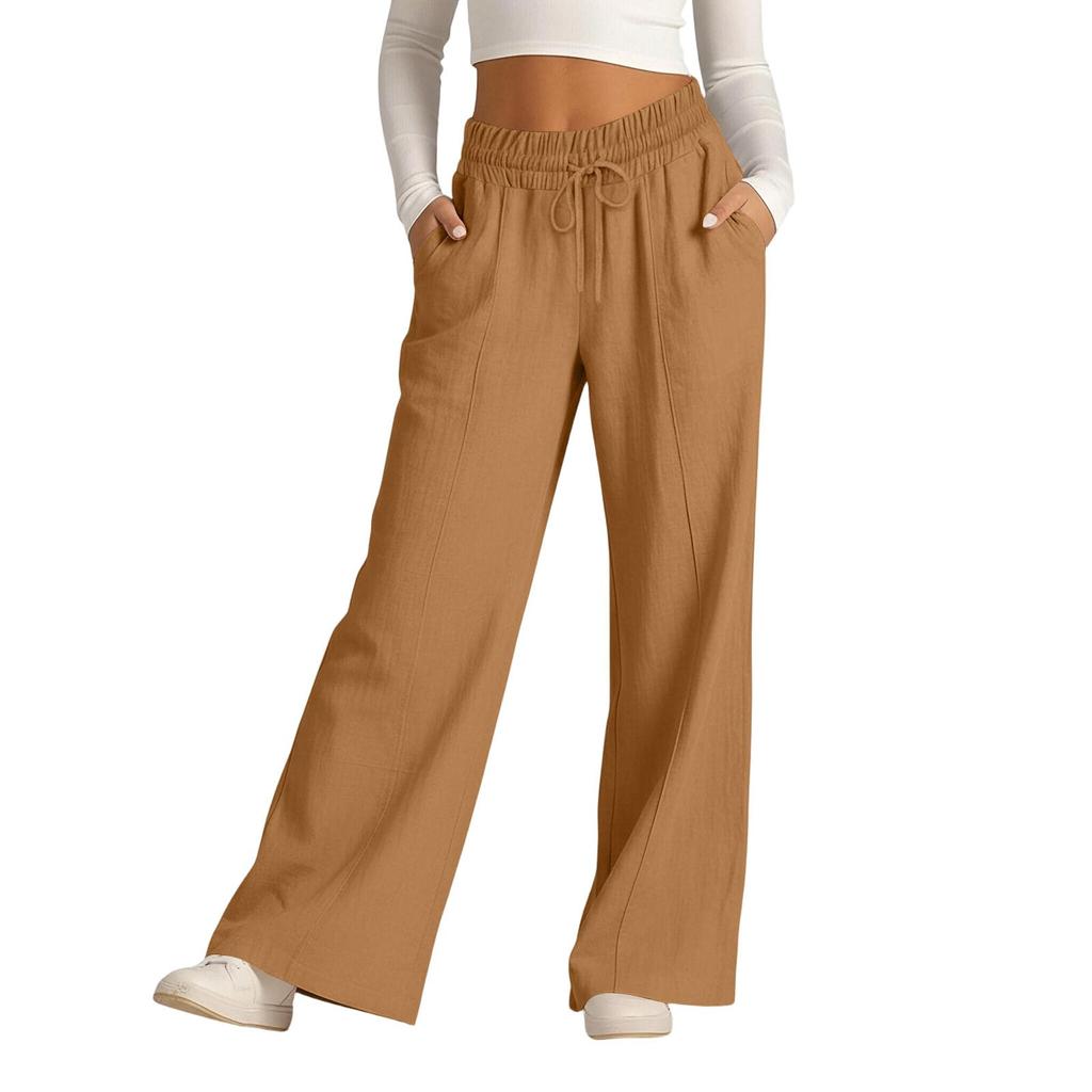 Women's Casual -Color High-Waisted Wide-Leg Drawstring Pants With Pockets