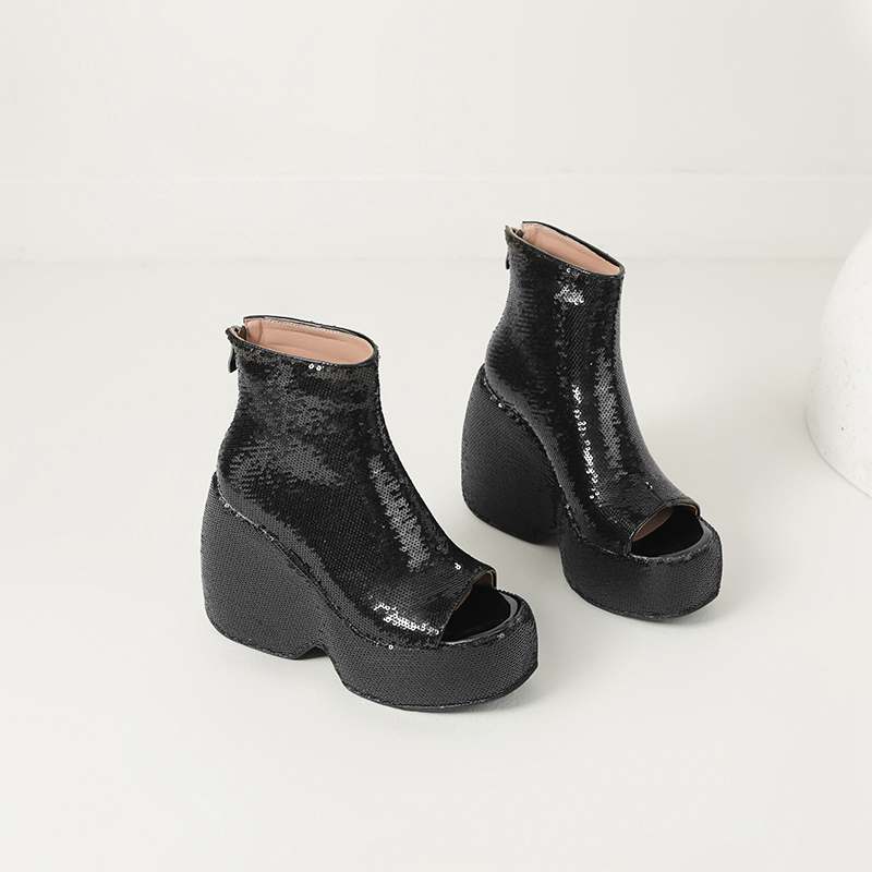 Krazing Pot Sequin Cloth Spring Summer Size 43 Size 42 Women Platform Women Peep Toe Toe Sexy Summer Boots Zipper Thick Bottom Pumps