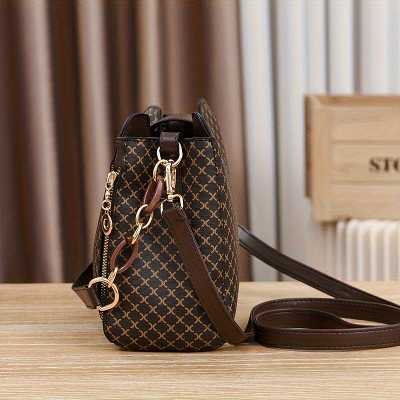 Stylish Geometric Pattern PU Crossbody Bag | Women's Chic Bucket Bag with Flower Buckle & Retro Chain