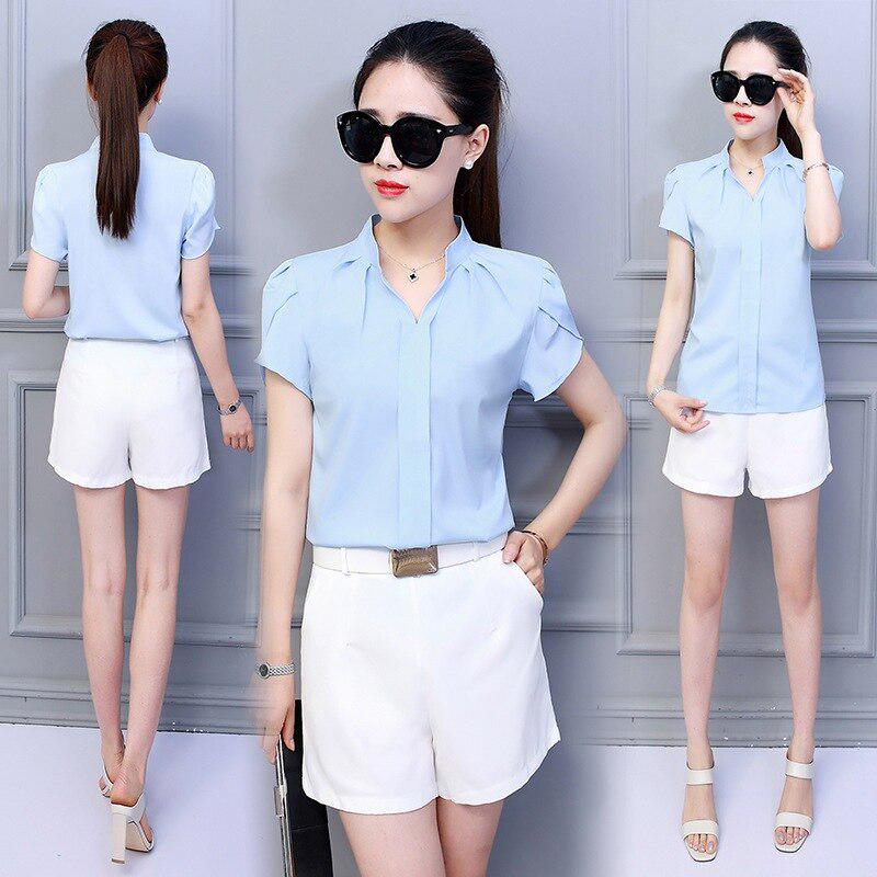 White Shirt Female Short Sleeve Shirt Fashion Bodycon Leisure Chiffon Blouse Tops