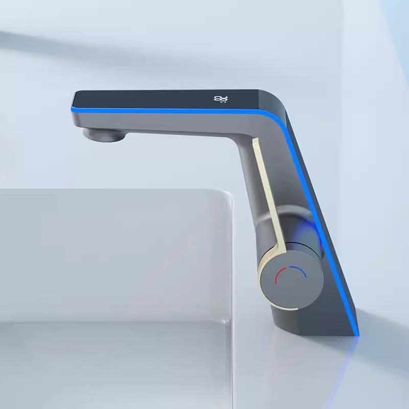 Brushed Gold LED Bathroom Faucet Gray Sink Mixer Cold Hot Water Mixer Sink Tap Digital Display White Deck Mounted  Black Tap