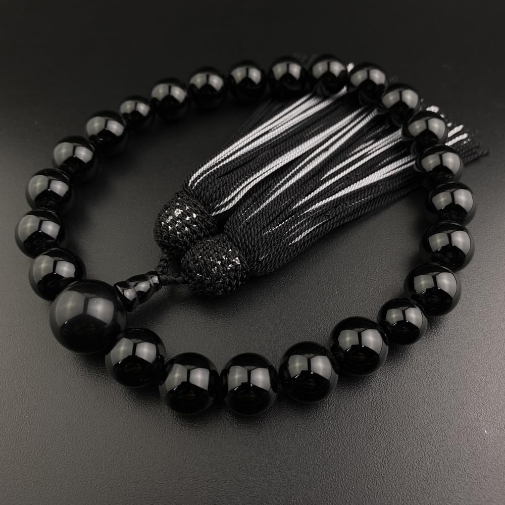 [WONDERFUL LOTUS] Men's Prayer Beads, 22 Beads, Onyx, Two-Color Silk Tassel, Prayer Beads Bag Included, Suitable for All Sects, Informal, Black,
