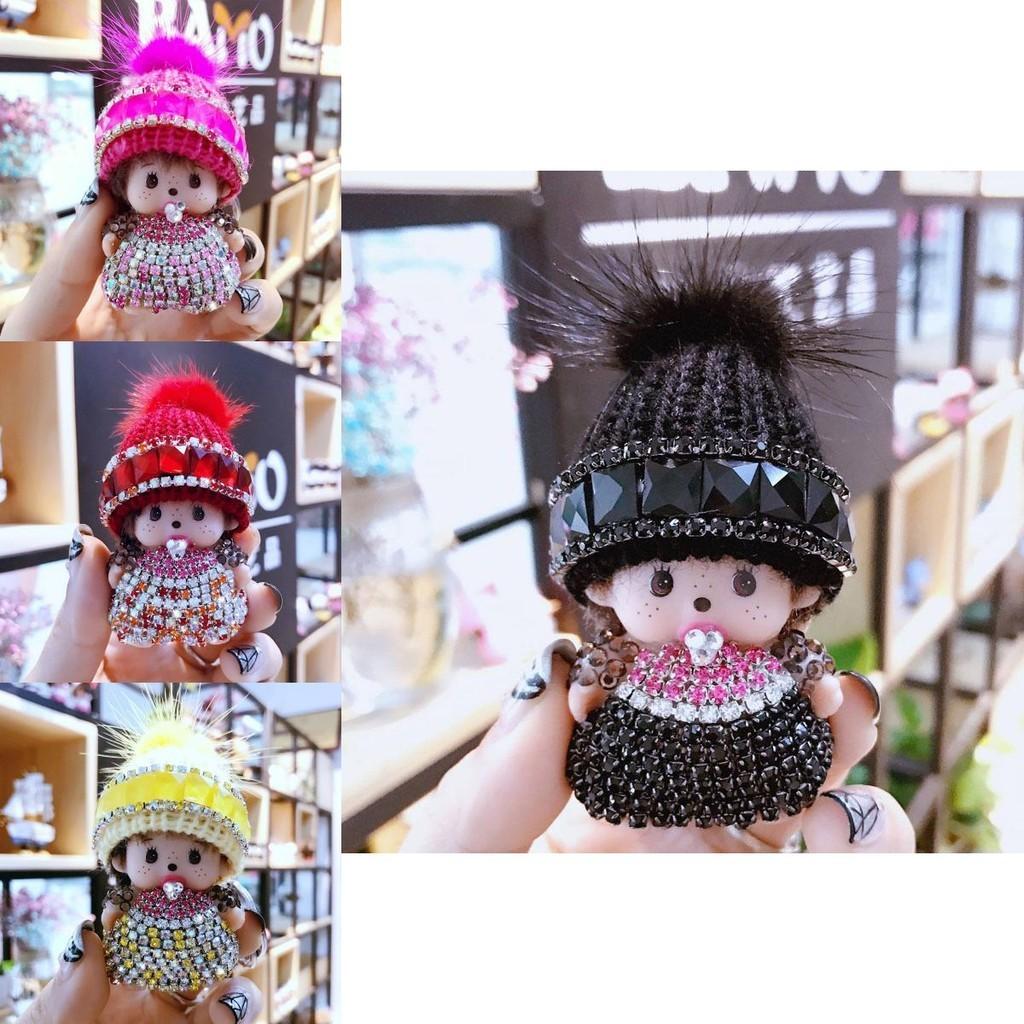 Mit Kristallen besetzter Monchhichi Schlüsselanhänger Strickmütze Nerz Anhänger Arcade-Preisaustauschgeschenk