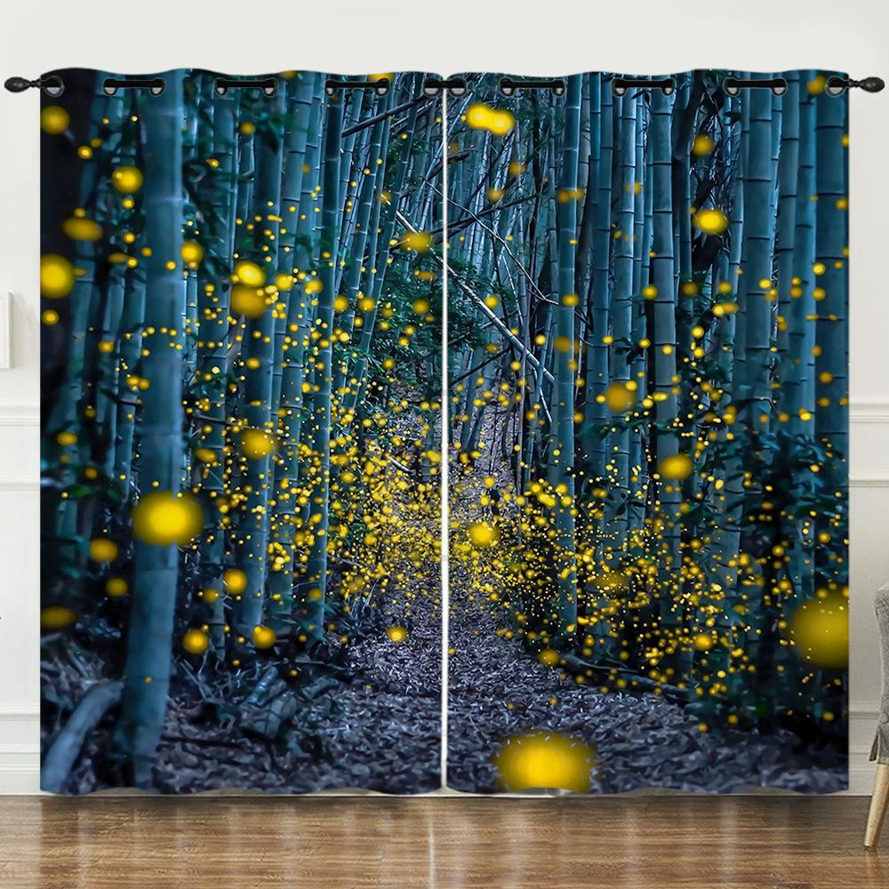 Curtain Oil Painting Landscape Firefly 3D Digital Printing Blackout Curtain Punching