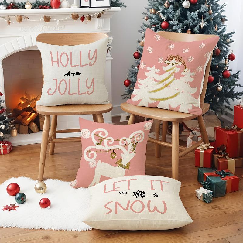 Neue Rosa Weihnachtsbaum Hirsch Weihnachts-Kissenhülle Leinen Bedruckte Kissenhülle Festliche Sofa-Dekoration Kissenbezug