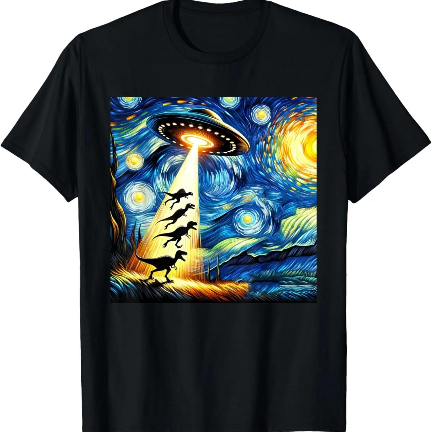 Funny UFO Attack Dinosaurs In Starry Night Van Gogh Boy Men T-Shirt S чёрный
