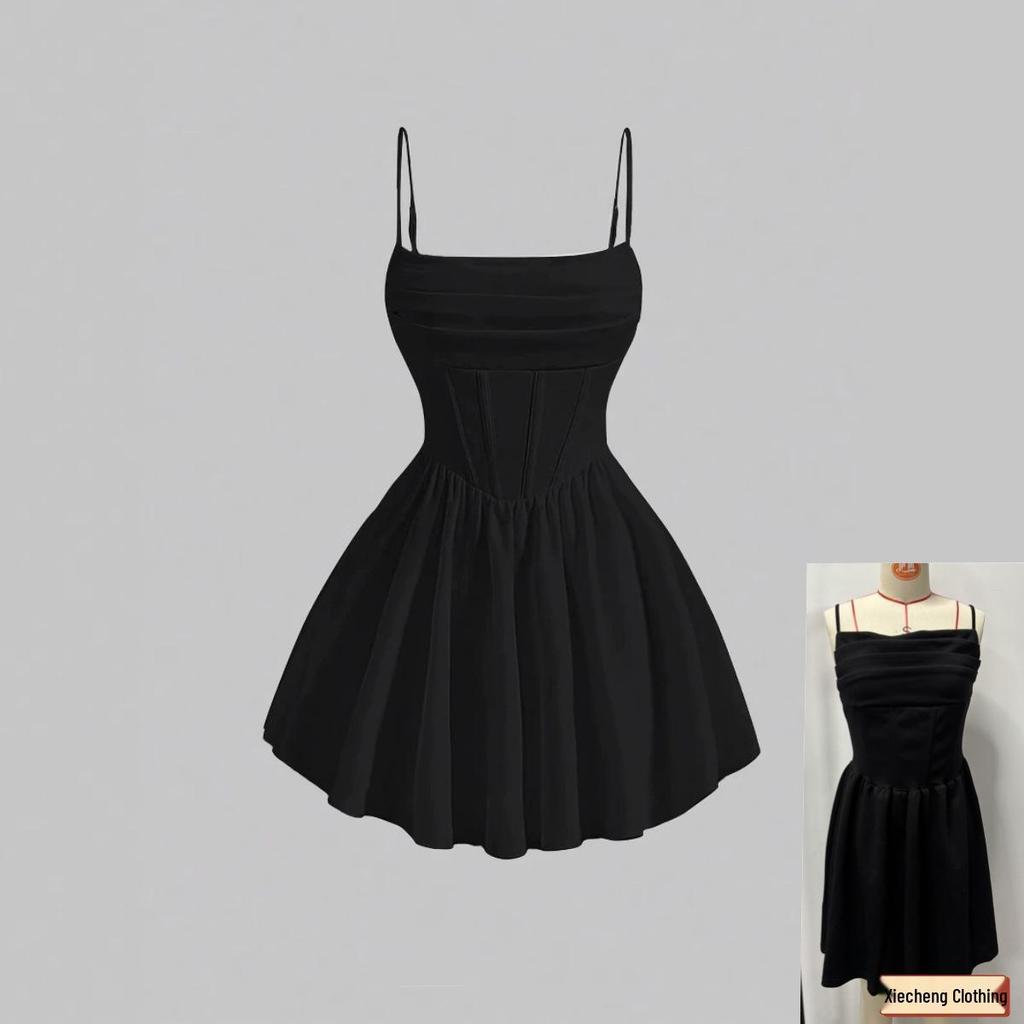 New Summer Fashion Evening Gown: Sexy Solid Color Pleated Dress with Back Zipper & Spaghetti Straps