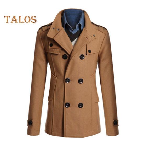 Men Woolen Coat Stand Collar Long Sleeve Windbreaker with Double-Breasted Closure Pockets Solid Color Mid-Length Outwear