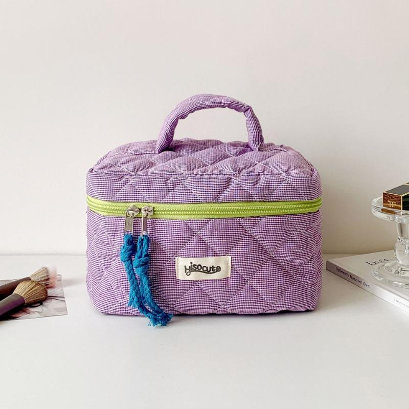 Ins Contrast Color Plaid Handheld Makeup Bag Large Capacity Cosmetic Organizer Square Bag