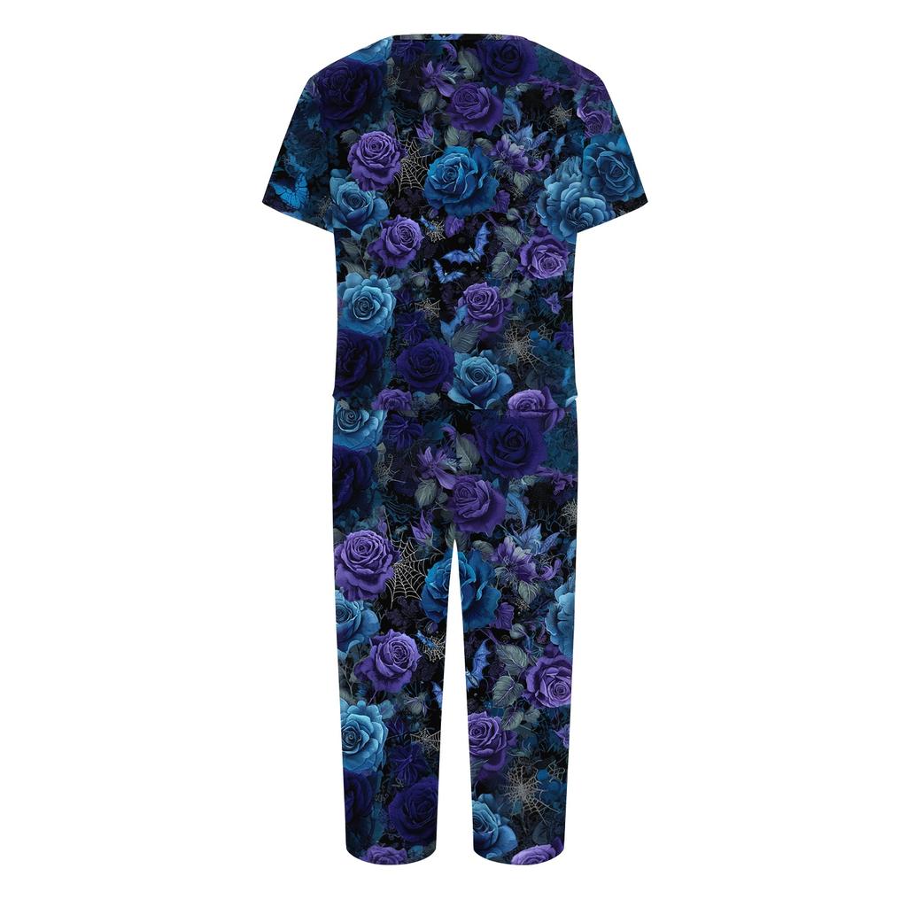 Women's Two Piece Halloween Print Lounge Set Short Sleeve V Neck Top and Capri Pants Casual Pajama Set for Relaxed Fit