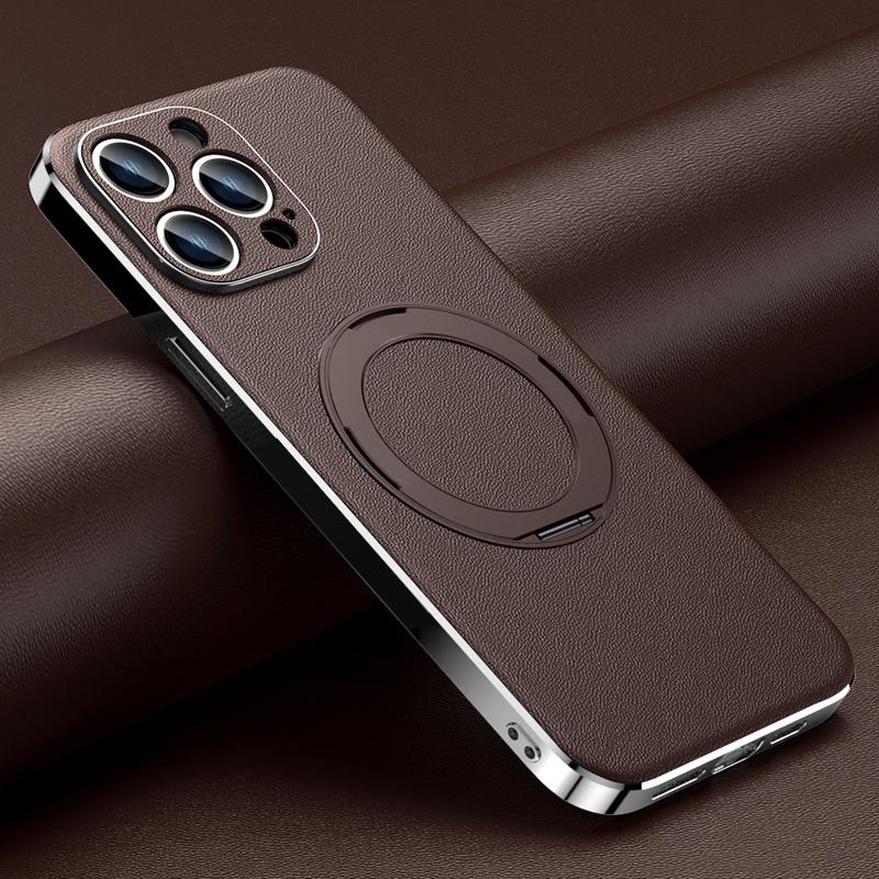 for Magsafe Phone Case Leather Magnetic Holder for iPhone 16 Plus 13 Pro Ring Plating Lens Protection Back Cover For iPhone 16