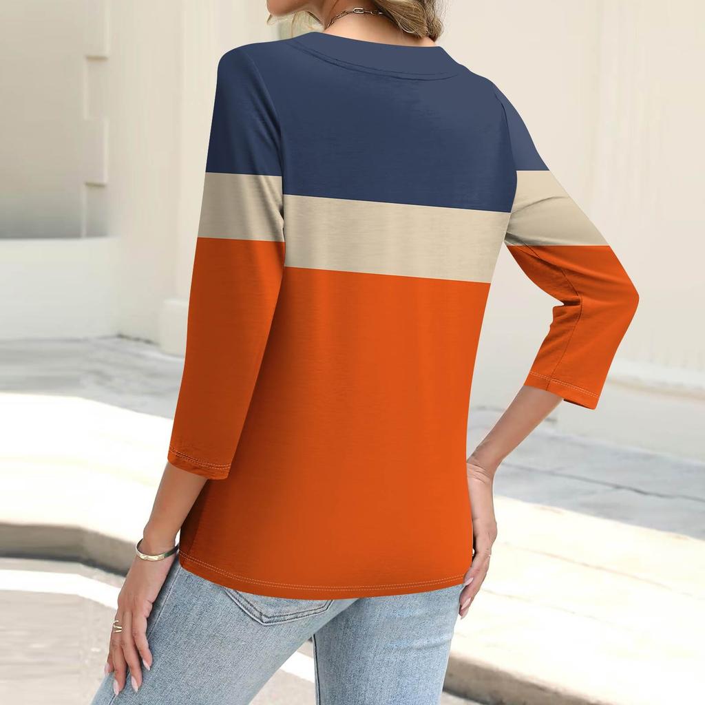 Moda Feminina Casual Camisa Listrada com Estampa Geométrica Abotoada Top Cardigan de Manga Três Quartos