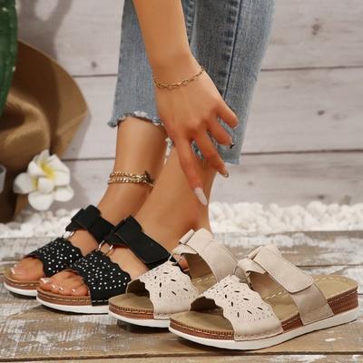 Wedge Heel Slippers Women's Summer Hollow ShoesVelcro Beach Sandals Rhinestone Shoes