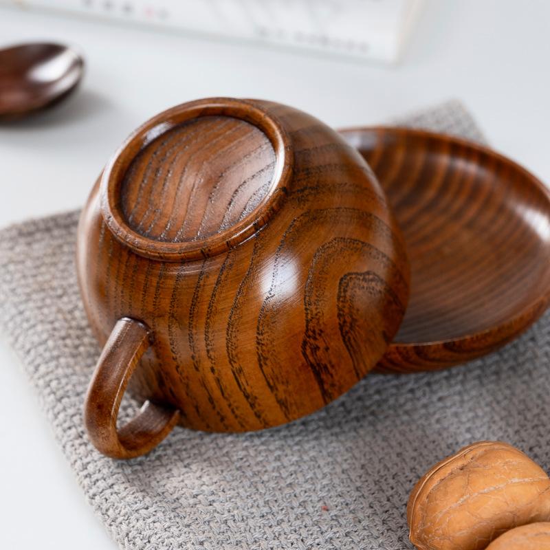 Japanese-style Jujube Wood Coffee Cup Three-piece Set Solid Wood Bowl Cup Wooden Milk Cup with Handle Can Be Printed with Logo