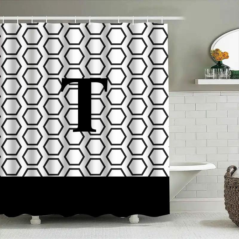 Hexagon Print Bath Shower Curtain Set For Bathroom Decor Black White Pattern With Monogram Initials T Size: 72X84Inches
