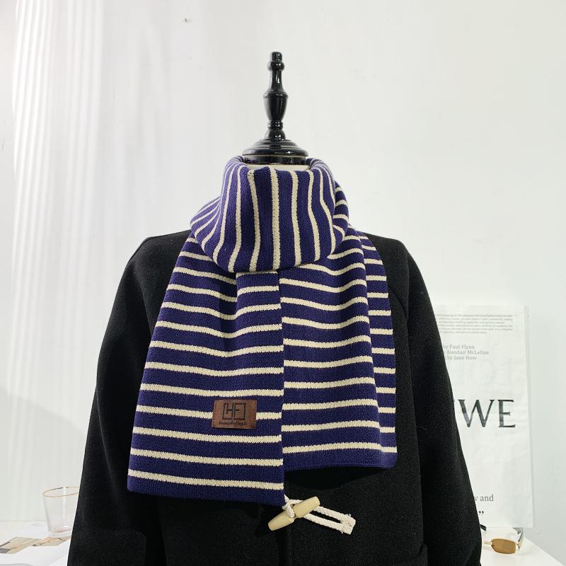 Chic style cute soft sister wool small scarf women's autumn and winter retro horizontal strip Korean version short thickened student scarf