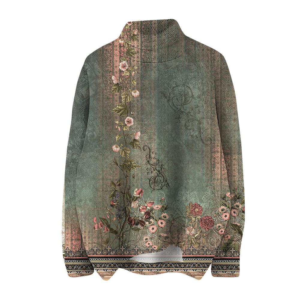 Women's Fashion Casual Long Sleeve Retro Printed Turtleneck Knit Top