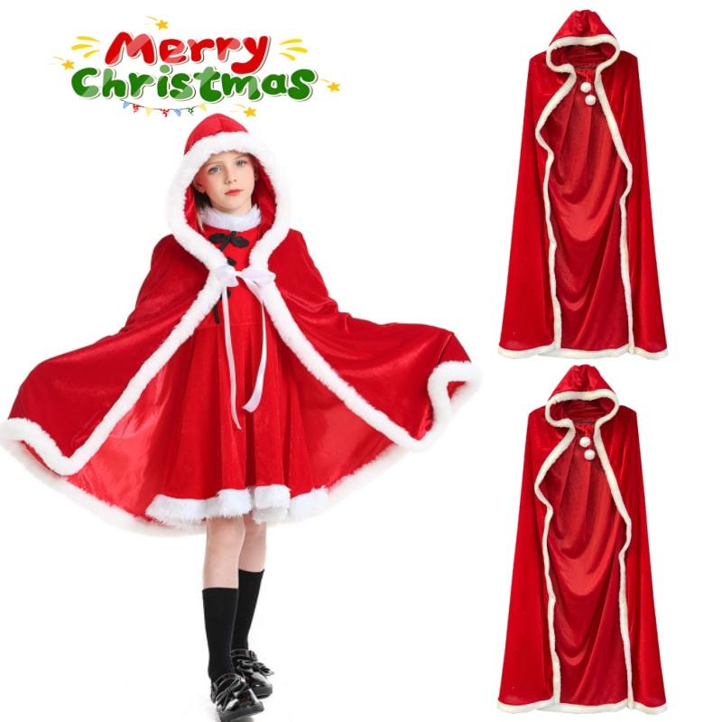 Adults Children Christmas Red Velvet Cloak Cape Costume Party Performance Cosplay Outfit Holiday Festival Celebration Attire