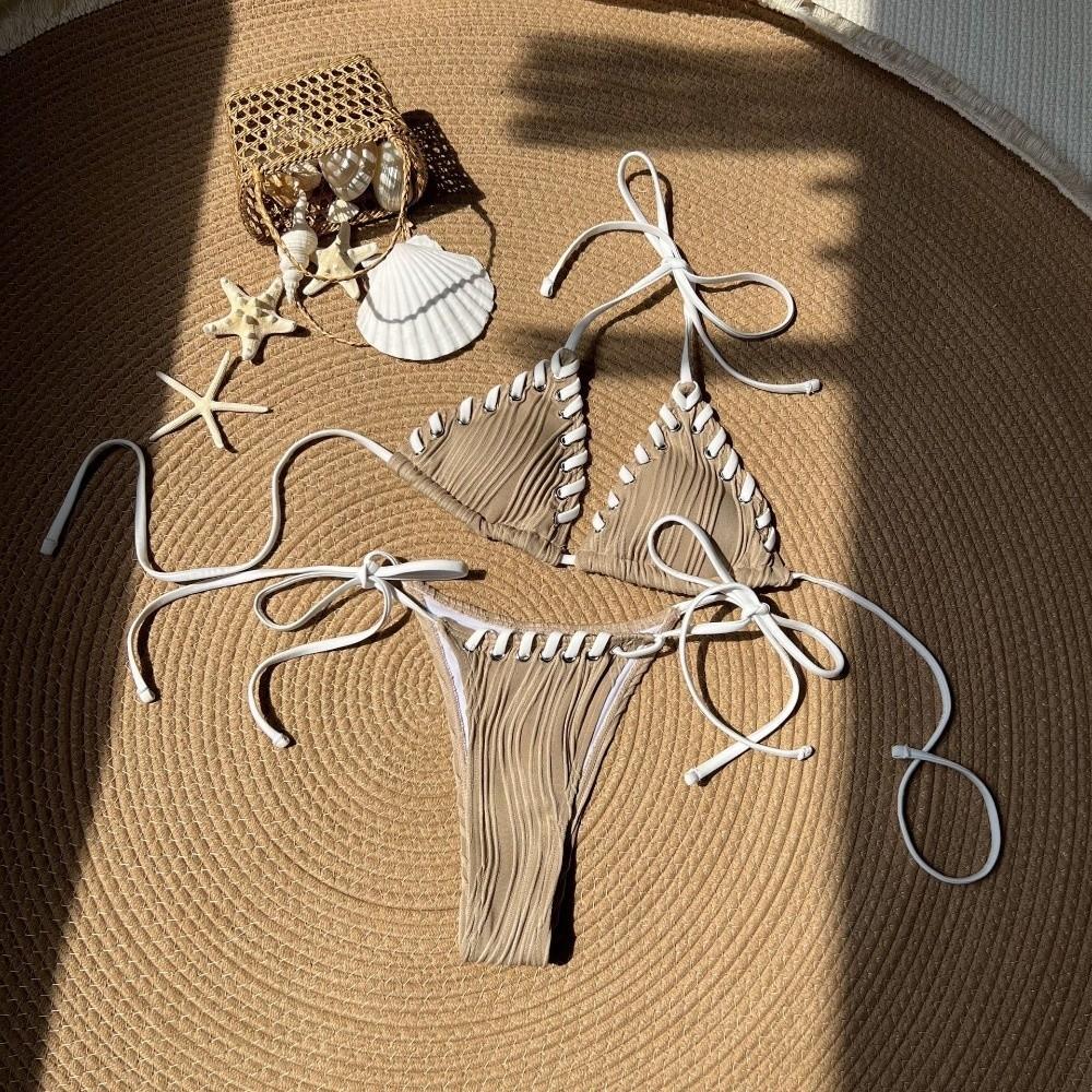 Lace Up Bikini Suit Ruffled Halter Neck Sling Swimsuit Fashion Swimwear Set  Swimming Pool