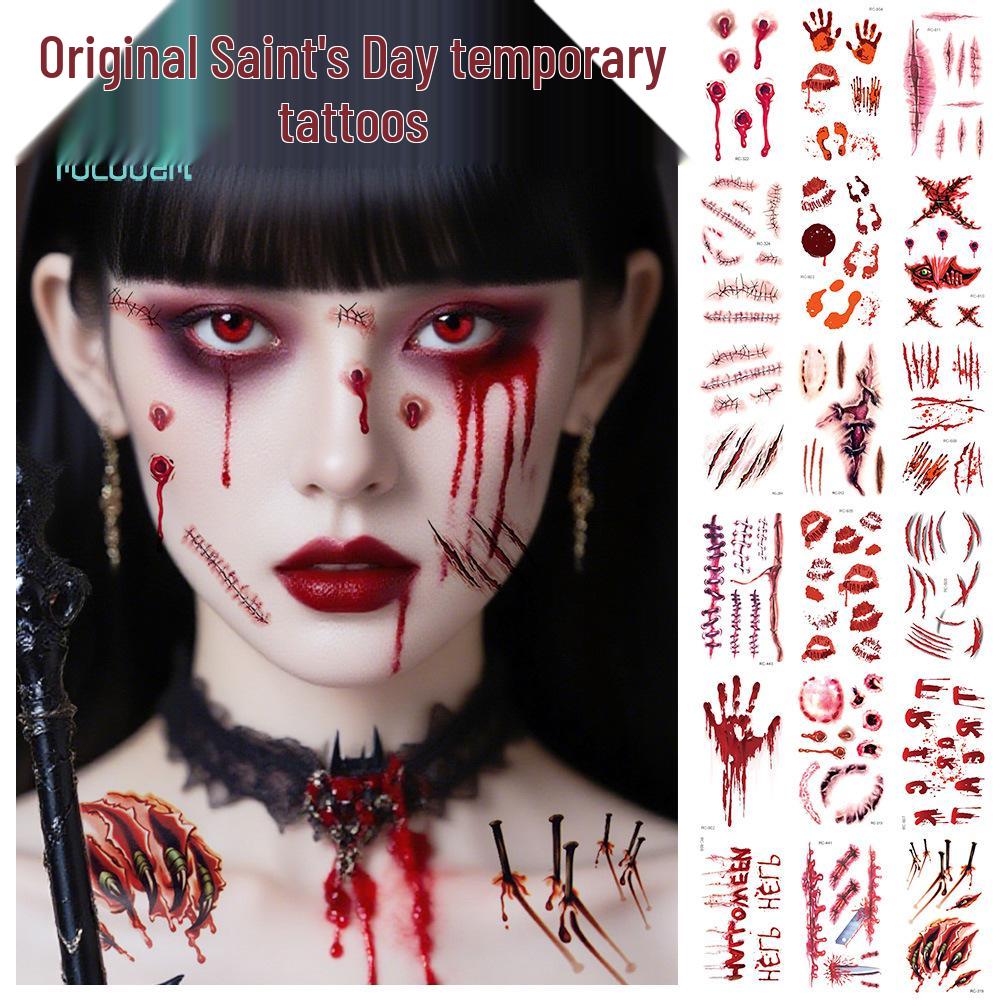 Vodotěsné Halloweenské dočasné tetovací nálepky: Realistické jizvy po krvi a noži pro hororový make-up.