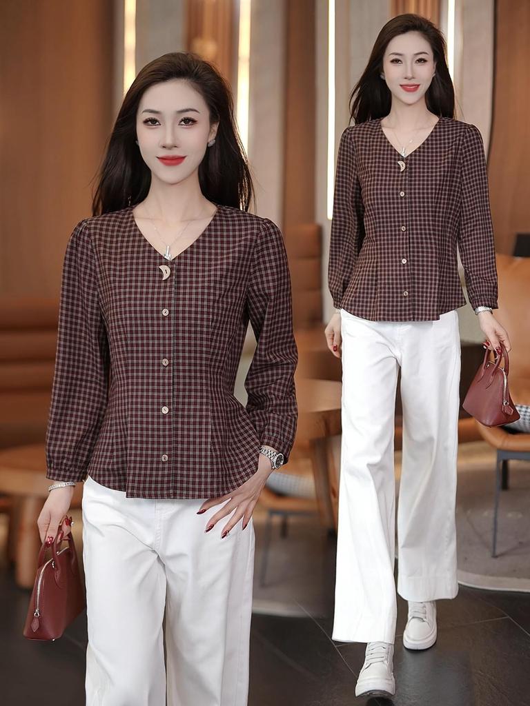 Camicia a Maniche Lunghe a Quadri Retro Chic con Scollo a V Snellente per Donna - Collezione Primavera 2026