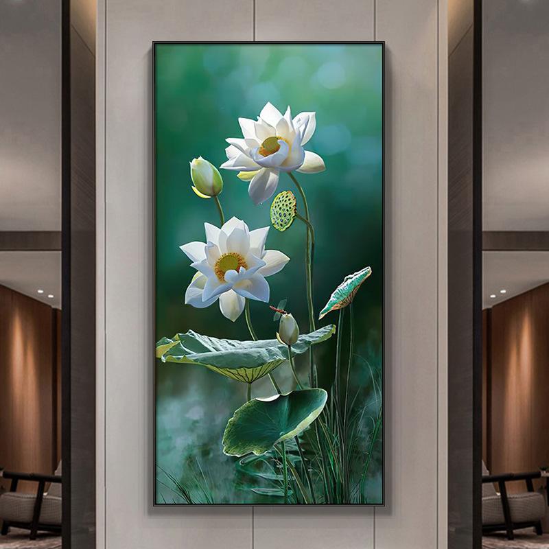 Abstract Flower Picture Canvas Painting New Chinese Golden Luxury Lotus Posters and Prints Wall Picture for Porch Home Decor