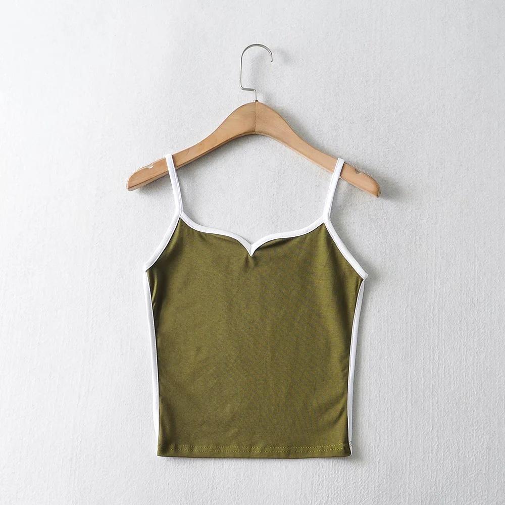 

Весна и лето Лоскутная V-образный вырез жилеты модный европейский и американский стиль обтягивающий короткий топ на подтяжках для женщин L армия зеленый