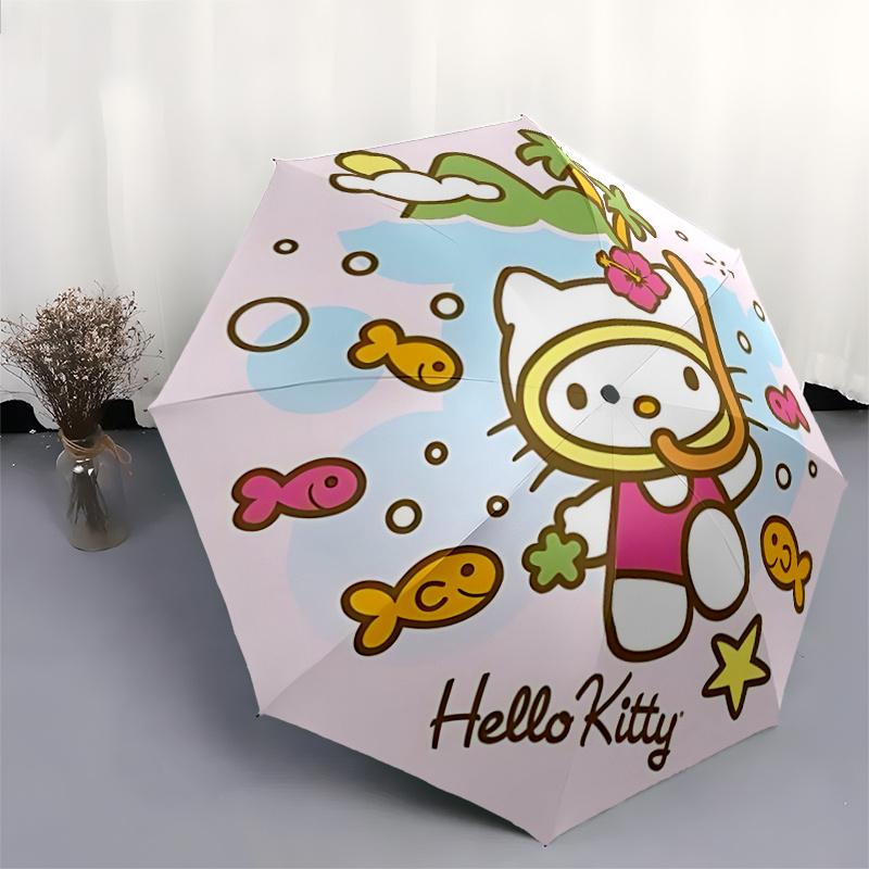1pc Hello Kitty Snorkeling Adventure Automatic Opening/Closing Umbrella - Portable Three-Fold Design with 8-Bone Iron Frame - Outdoor, Gift for Fans,