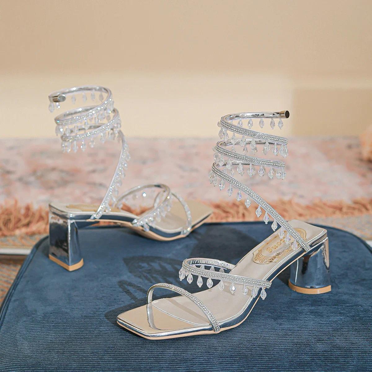 

Летняя мода Роскошные сандалии на высоком каблуке со стразами и кристаллами в форме змеи для женщин Золотые Серебряные Туфли для вечеринки Свадебные туфли 40