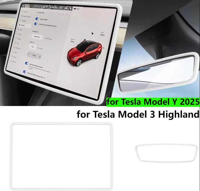 Für Tesla Model 3 Y Juniper Highland 2025 Mittelkonsolen-Armlehnenpolster Kabellose Ladefläche Bildschirm Rückspiegel Schutzrahmen