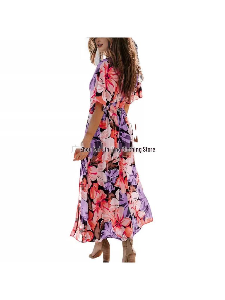 2026 Summer Floral V-Neck Dress: European & American Style, Slimming Fit for Women