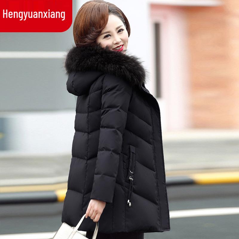 

Женская удлиненная пуховая куртка с капюшоном Hengyuanxiang - Теплый белый утиный пуховик для женщин среднего и пожилого возраста XL