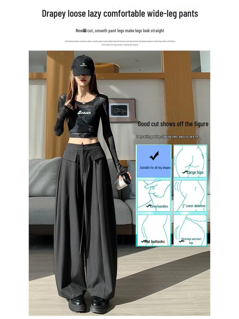 Women's Spring 2026 High-Waisted Lace-Up Wide-Leg Pants - Slimming, Casual, Floor-Length Scythe Style