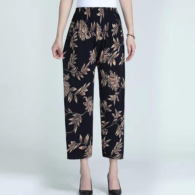 Floral Ice Silk Wide-Leg Pants for Women - Airy, Casual, Nine-Tenths Length
