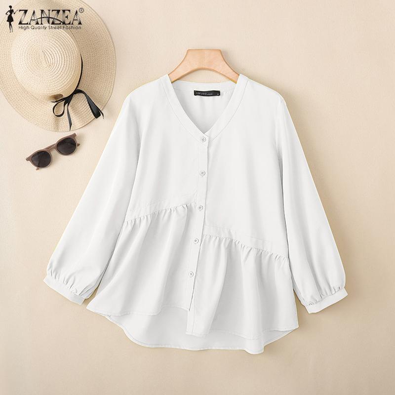 ZANZEA Damska codzienna bluzka z dekoltem w serek, w jednolitym kolorze, luźna, z długim rękawem