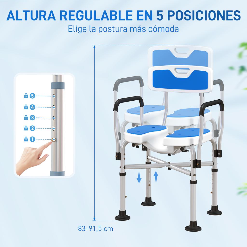 Shower Chair With Slotted Seat Adjustable Height Non Slip Backrest And Armrests Load 136 Kg Blue