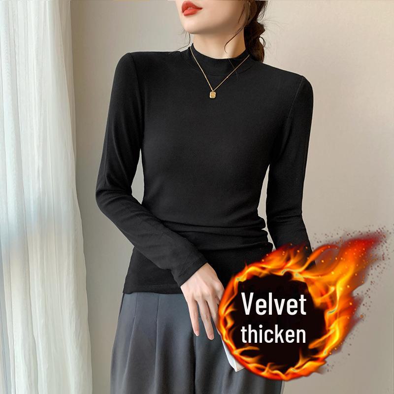 

Женские плюшевые рубашки с высоким воротником и длинными рукавами для осени/зимы — облегающий крой XL чёрный