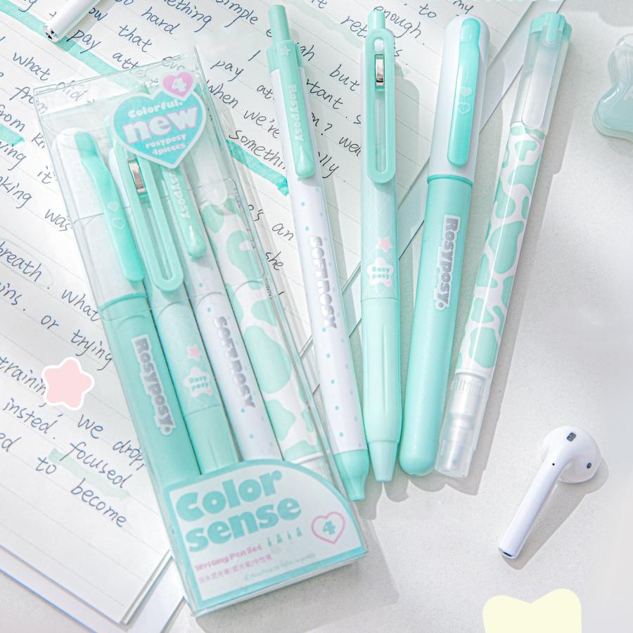 4pcs Color Sense Writing Pens Set Cream Highlighter Black Gel Ink Pen Marker Liner