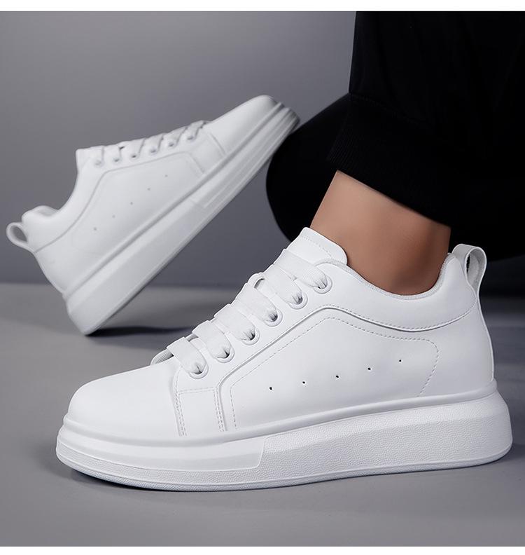 Men's White Height-Increasing Sneakers with Thick Sole, Invisible Inner Lift, and Casual Style, Large Sizes Available, 10cm Boost.