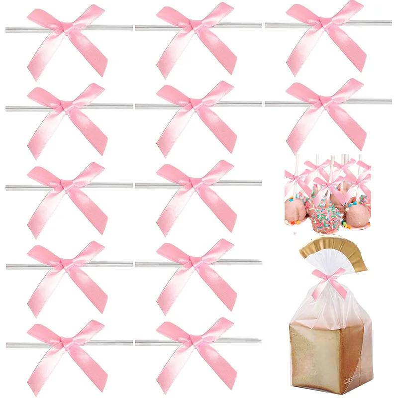50 Pack Satin Ribbon Twist Tie Bows,Sealed Bow, Small Gift, Bow Pulling Party Birthday Theme Decoration